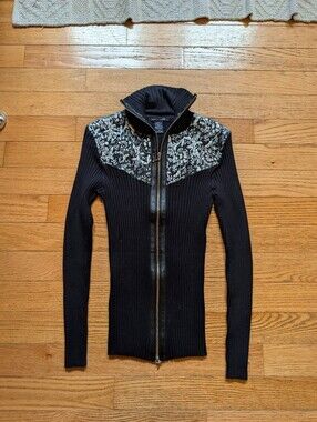 Vintage Y2K 2000s Boston Proper Full Zip Sweater Jacket Leather Accents Black